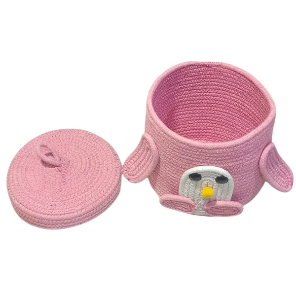 Pink_Penguin_Rope_Storage_Basket_With_Lid_Pink_Multipurpose_Cute_Design_Organiser
