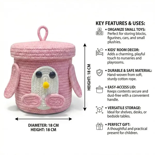 Pink_Penguin_Rope_Storage_Basket_With_Lid_Pink_Multipurpose_Cute_Design_Organiser