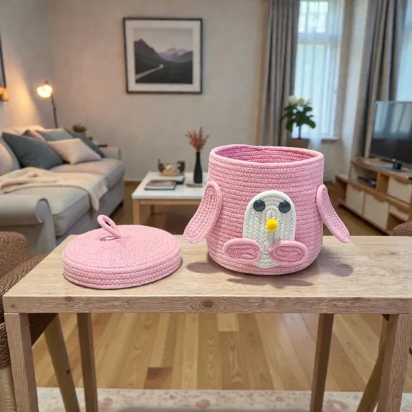 Pink_Penguin_Rope_Storage_Basket_With_Lid_Pink_Multipurpose_Cute_Design_Organiser