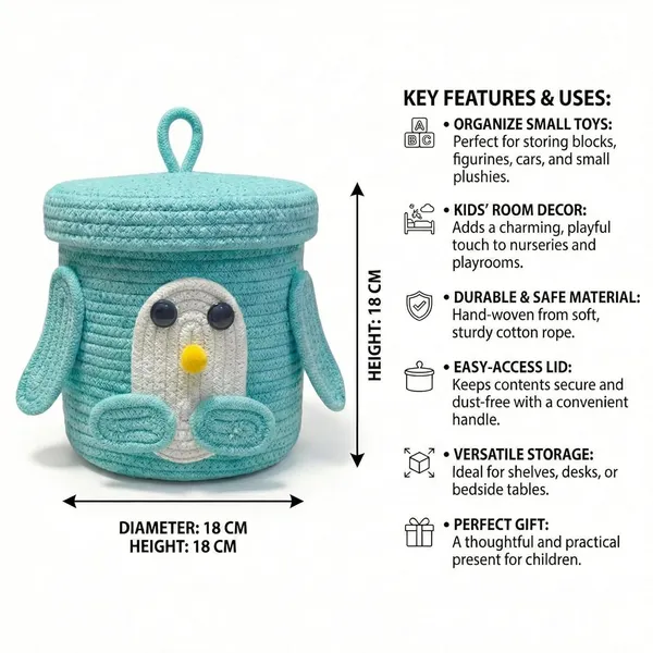 Aqua_Penguin_Rope_Storage_Basket_With_Lid_Multipurpose_Cute_Design_Organiser