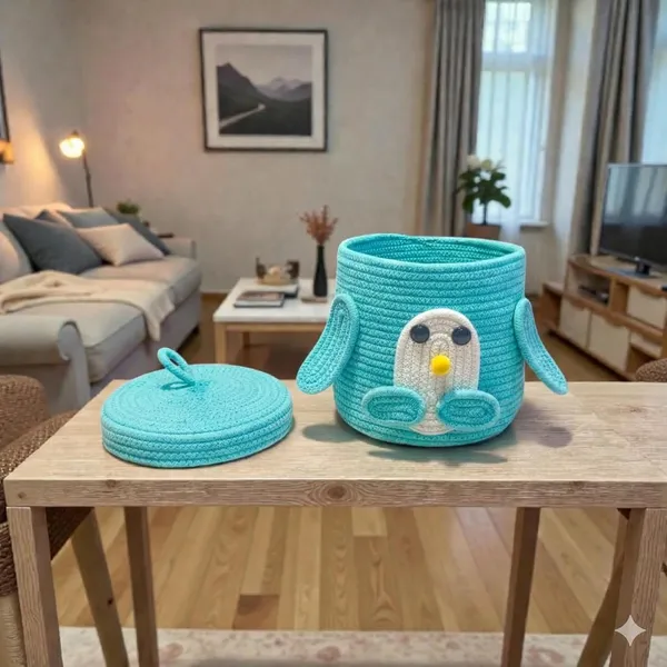 Aqua_Penguin_Rope_Storage_Basket_With_Lid_Multipurpose_Cute_Design_Organiser