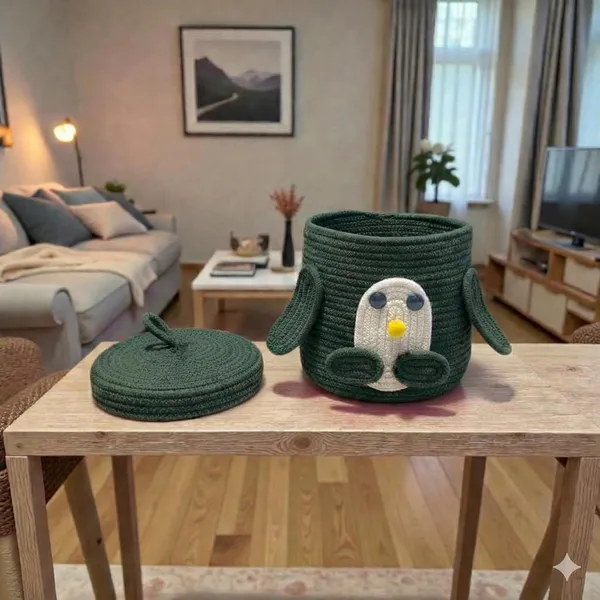Dark_Grenn_Penguin_Rope_Storage_Basket_With_Lid_Multipurpose_Cute_Design_Organiser