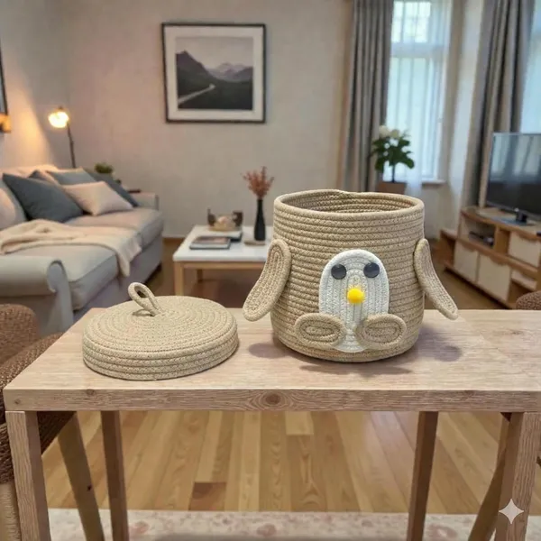 Beige_Penguin_Rope_Storage_Basket_With_Lid_Multipurpose_Cute_Design_Organiser