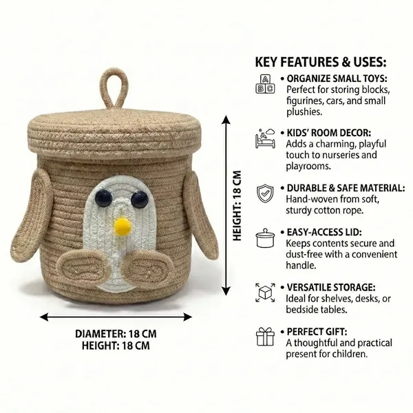 Beige_Penguin_Rope_Storage_Basket_With_Lid_Multipurpose_Cute_Design_Organiser
