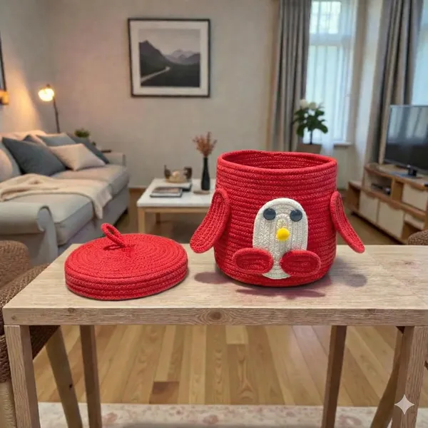 Red_Penguin_Rope_Storage_Basket_With_Lid_Multipurpose_Cute_Design_Organiser