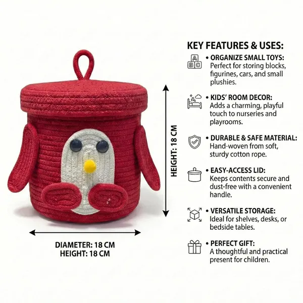 Red_Penguin_Rope_Storage_Basket_With_Lid_Multipurpose_Cute_Design_Organiser