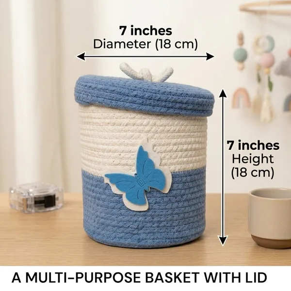 Baby_Cotton_Rope_Storage_Basket_with_Lid,_7x7_Inch_Nursery_Organizer_Basket,_Hypoallergenic_Woven_Basket_for_Diapers_Toys_Clothes,_Blue_Butterfly_Decor