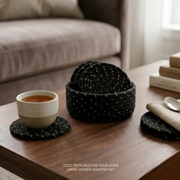 Black_&_Gold_Handwoven_Coaster_Set_with_Holder_–_Set_of_6,_Round_Fabric_Drink_Coasters_for_Coffee_Table,_Boho_Home_Decor_4"