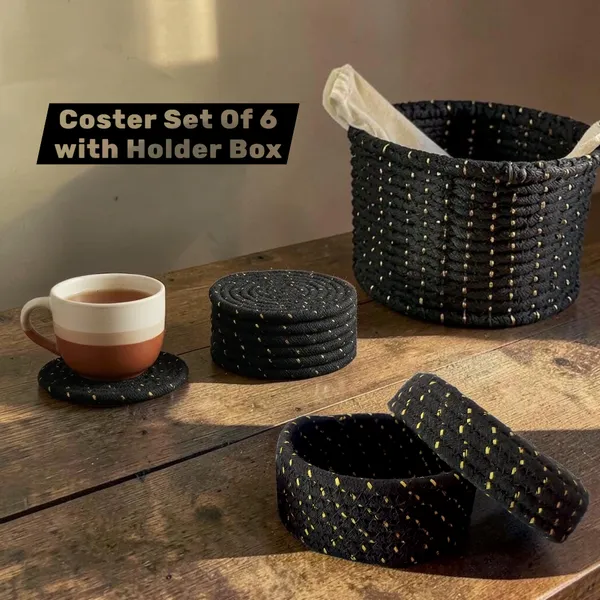 Black_&_Gold_Handwoven_Coaster_Set_with_Holder_–_Set_of_6,_Round_Fabric_Drink_Coasters_for_Coffee_Table,_Boho_Home_Decor_4"