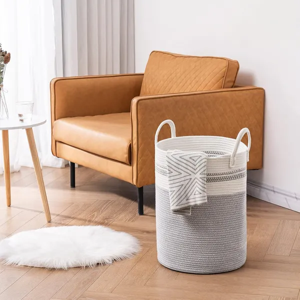 Cotton_Rope_Basket_Large_Blanket_Basket_Woven_Storage_Basket_Toy_Storage_Organiser_Nursery_Decor_Laundry_Hamper_with_Handle_58L_(38cm(D)_x50cm(H),_Z-grey)