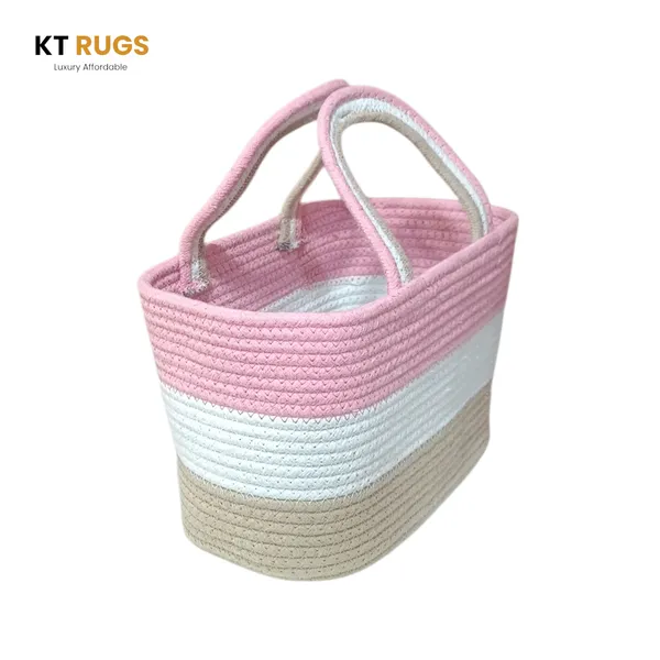 Cotton_Rope_Storage_Basket_with_Handles_|_Woven_Tote_Organizer_Bin_for_Nursery,_Bathroom,_Bedroom_&_Kitchen_|_Tri-Color_Pink_White_Beige_|_10"L_×_6"B_×_7"H