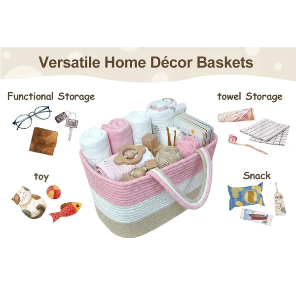 Cotton_Rope_Storage_Basket_with_Handles_|_Woven_Tote_Organizer_Bin_for_Nursery,_Bathroom,_Bedroom_&_Kitchen_|_Tri-Color_Pink_White_Beige_|_10"L_×_6"B_×_7"H