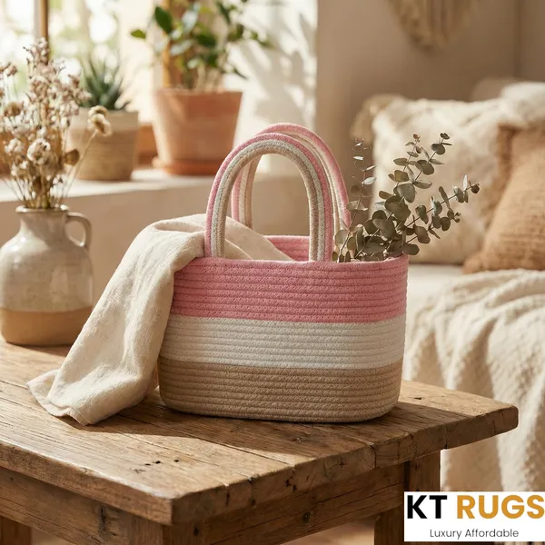 Cotton_Rope_Storage_Basket_with_Handles_|_Woven_Tote_Organizer_Bin_for_Nursery,_Bathroom,_Bedroom_&_Kitchen_|_Tri-Color_Pink_White_Beige_|_10"L_×_6"B_×_7"H