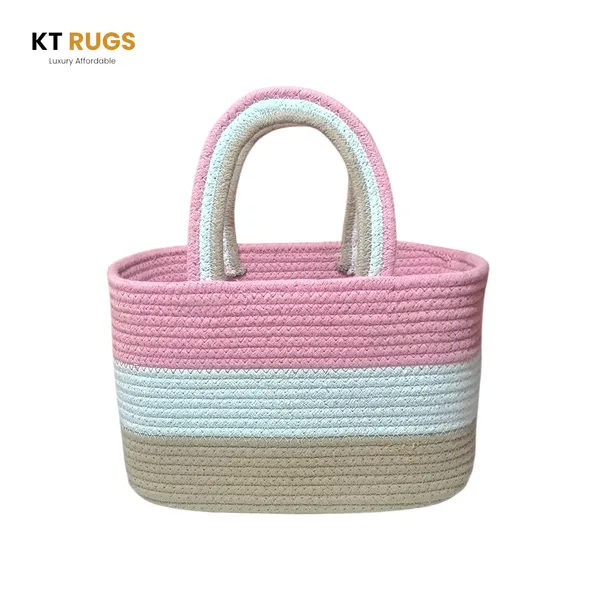 Cotton_Rope_Storage_Basket_with_Handles_|_Woven_Tote_Organizer_Bin_for_Nursery,_Bathroom,_Bedroom_&_Kitchen_|_Tri-Color_Pink_White_Beige_|_10"L_×_6"B_×_7"H