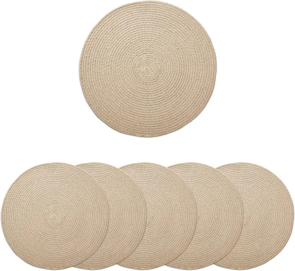 Dining_Placemats_Set_of_2,4_&_6_|_Cotton_Round_Table_Mat_-_32_cm_Diameter_|_Beige_|_Handmade_Rib_Style_Chargers_for_Diner_Plates