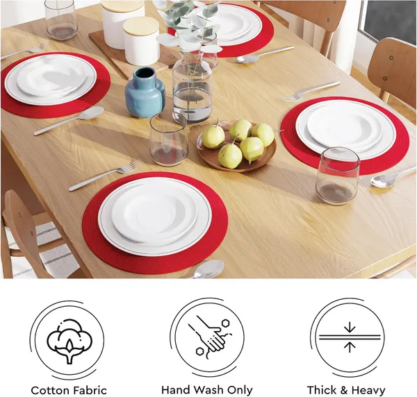Dining_Placemats_Set_of_2,4_&_6_|_Cotton_Round_Table_Mat_-_32_cm_Diameter_|_Red_|_Handmade_Rib_Style_Chargers_for_Diner_Plates