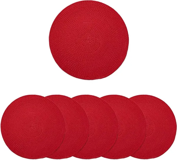 Dining_Placemats_Set_of_2,4_&_6_|_Cotton_Round_Table_Mat_-_32_cm_Diameter_|_Red_|_Handmade_Rib_Style_Chargers_for_Diner_Plates
