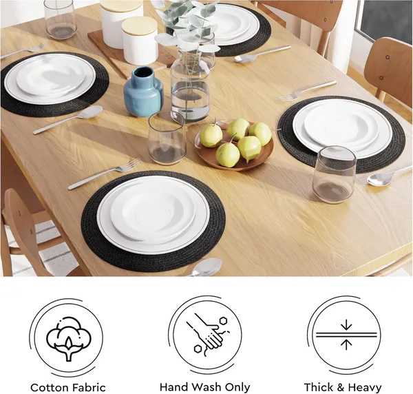 Dining_Placemats_Set_of_2,4_and_6_|_Cotton_Round_Table_Mat_-_32_cm_Diameter_|_Black_|_Handmade_Rib_Style_Chargers_for_Diner_Plates