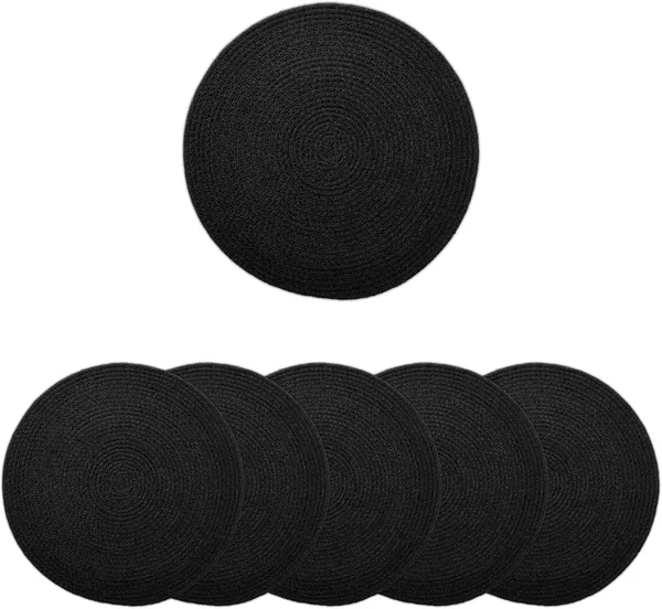 Dining_Placemats_Set_of_2,4_and_6_|_Cotton_Round_Table_Mat_-_32_cm_Diameter_|_Black_|_Handmade_Rib_Style_Chargers_for_Diner_Plates