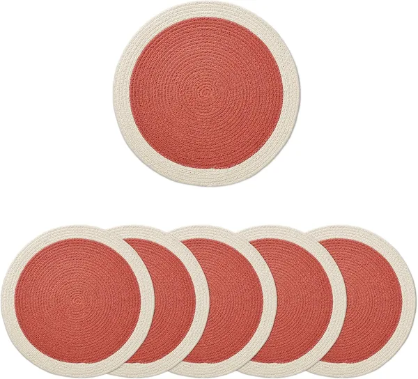 Dining_Placemats_Set_of_2,4_and_6_|_Cotton_Round_Table_Mat_-_32_cm_Diameter_|_Coral_&_Off_White_|_Handmade_Rib_Style_Chargers_for_Diner_Plates