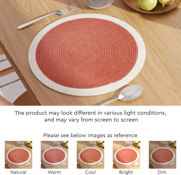 Dining_Placemats_Set_of_2,4_and_6_|_Cotton_Round_Table_Mat_-_32_cm_Diameter_|_Coral_&_Off_White_|_Handmade_Rib_Style_Chargers_for_Diner_Plates