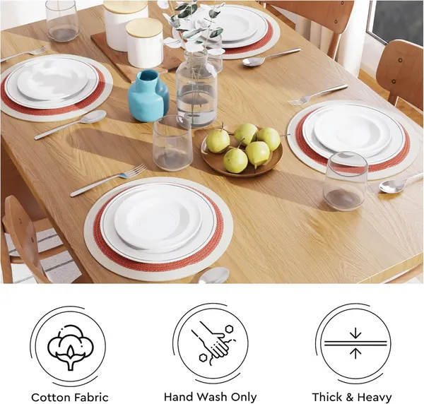 Dining_Placemats_Set_of_2,4_and_6_|_Cotton_Round_Table_Mat_-_32_cm_Diameter_|_Coral_&_Off_White_|_Handmade_Rib_Style_Chargers_for_Diner_Plates