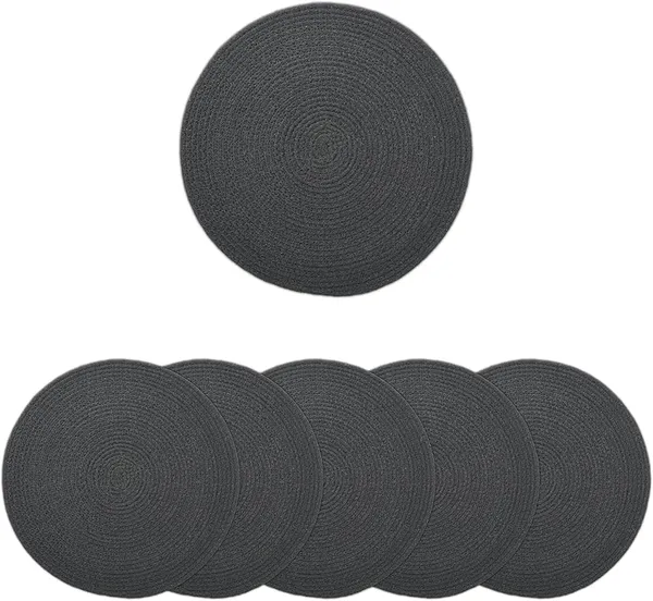 Dining_Placemats_Set_of_2,4_and__6_|_Cotton_Round_Table_Mat_-_32_cm_Diameter_|_Dark_Grey_|_Handmade_Rib_Style_Chargers_for_Diner_Plates