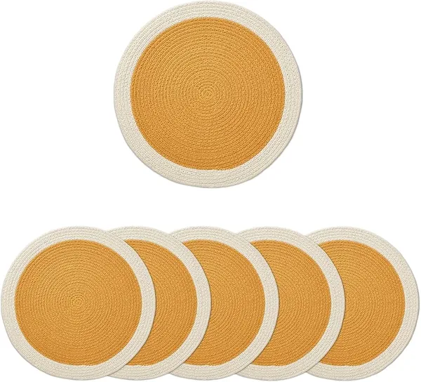 Dining_Placemats_Set_of_2,4_and_6_|_Cotton_Round_Table_Mat_-_32_cm_Diameter_|_Yellow_&_Off_White_|_Handmade_Rib_Style_Chargers_for_Diner_Plates