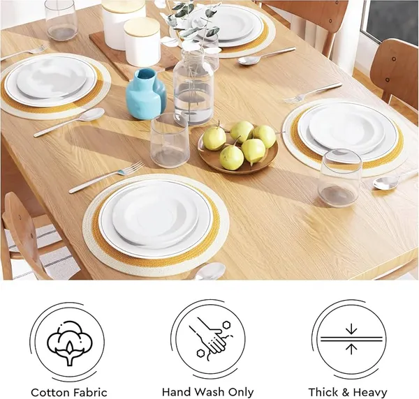 Dining_Placemats_Set_of_2,4_and_6_|_Cotton_Round_Table_Mat_-_32_cm_Diameter_|_Yellow_&_Off_White_|_Handmade_Rib_Style_Chargers_for_Diner_Plates
