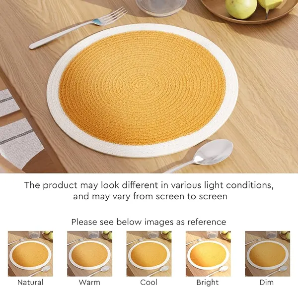 Dining_Placemats_Set_of_2,4_and_6_|_Cotton_Round_Table_Mat_-_32_cm_Diameter_|_Yellow_&_Off_White_|_Handmade_Rib_Style_Chargers_for_Diner_Plates