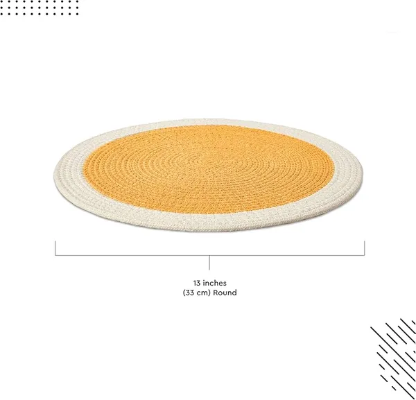 Dining_Placemats_Set_of_2,4_and_6_|_Cotton_Round_Table_Mat_-_32_cm_Diameter_|_Yellow_&_Off_White_|_Handmade_Rib_Style_Chargers_for_Diner_Plates