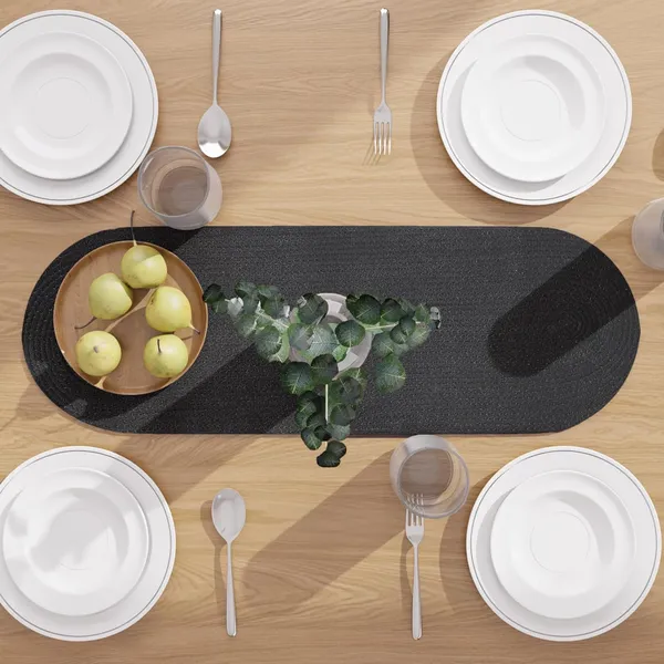 Dining_Table_Runner_|_Handmade_Ribbed_Style_Cotton_|_30x137_cm_|_Black_|_for_Coffee_&_Center_Table