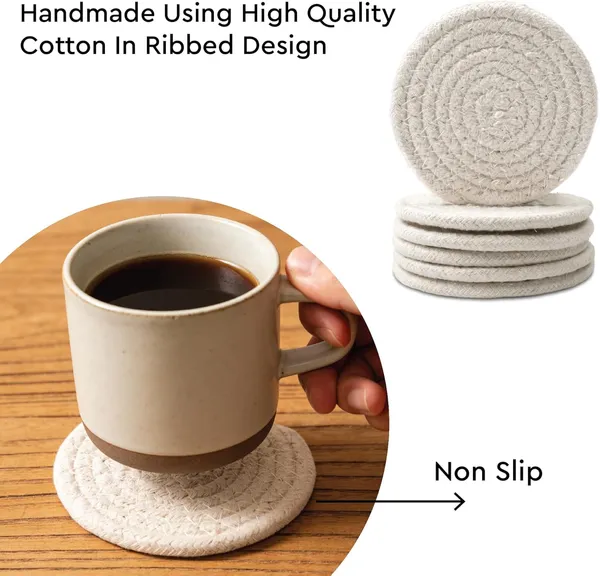 Drink_Coasters_Set_|_Off_White_Color_With_Round_Size_9_cm_|_Handcrafted_Ribbed_Cotton_|_Absorbent_&_Heat-Resistant_|_Use_For_Tea,_Coffee_Table_&_Desk