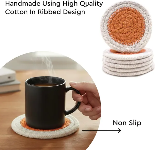 Drink_Coasters_Set__|_Yellow_&_Off_White_Color_With_Round_Size_9_cm_|_Handcrafted_Ribbed_Cotton_|_Absorbent_&_Heat-Resistant_|_Use_For_Tea,_Coffee_Table_&_Desk