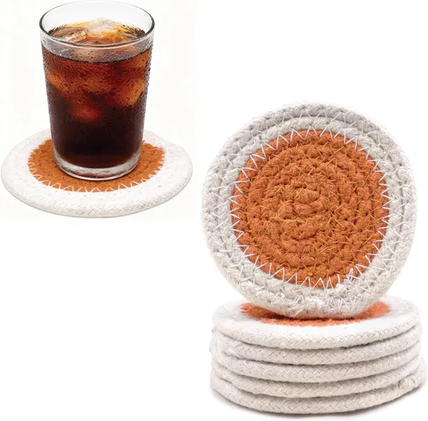 Drink_Coasters_Set__|_Yellow_&_Off_White_Color_With_Round_Size_9_cm_|_Handcrafted_Ribbed_Cotton_|_Absorbent_&_Heat-Resistant_|_Use_For_Tea,_Coffee_Table_&_Desk