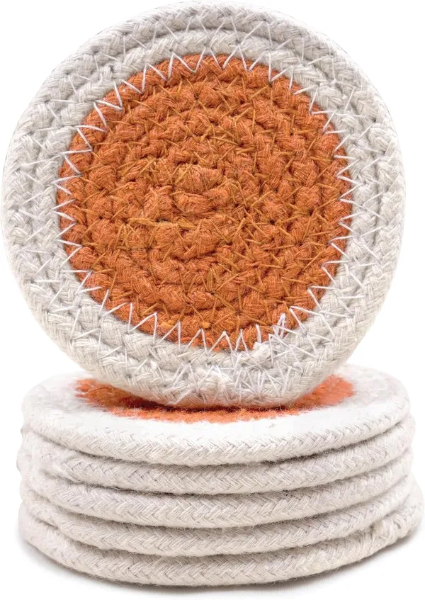 Drink_Coasters_Set__|_Yellow_&_Off_White_Color_With_Round_Size_9_cm_|_Handcrafted_Ribbed_Cotton_|_Absorbent_&_Heat-Resistant_|_Use_For_Tea,_Coffee_Table_&_Desk