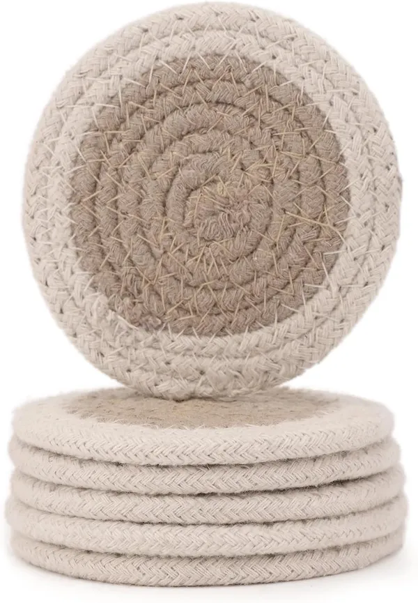 Drink_Coasters_Set_|_Beige_&_Off_White_Color_With_Round_Size_9_cm_|_Handcrafted_Ribbed_Cotton_|_Absorbent_&_Heat-Resistant_|_Use_For_Tea,_Coffee_Table_&_Desk