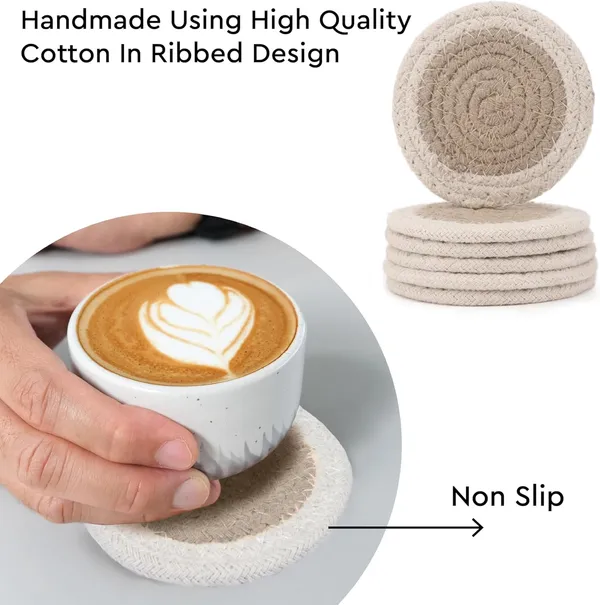 Drink_Coasters_Set_|_Beige_&_Off_White_Color_With_Round_Size_9_cm_|_Handcrafted_Ribbed_Cotton_|_Absorbent_&_Heat-Resistant_|_Use_For_Tea,_Coffee_Table_&_Desk