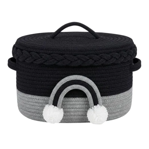 Handmade_Cotton_Rope_Storage_Basket_with_Lid_|_Rainbow_Accent_Nursery_Organizer_|_Baby_Room_Décor_&_Home_Storage_Basket_|_Black_&_Grey_|_10x6x6_Inch