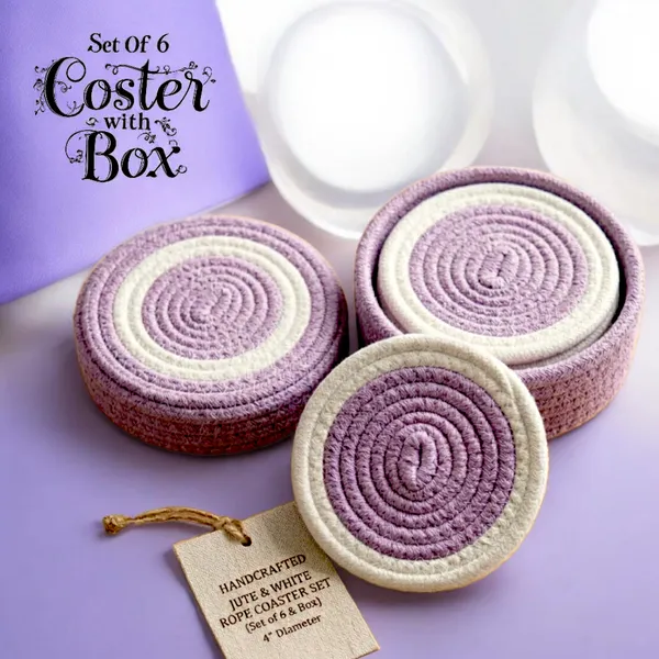 Handwoven_Cotton_Rope_Coasters_Set_of_6_with_Holder_|_Absorbent_Drink_Coasters_for_Coffee_Table,_Dining_|_Artisanal_Boho_Home_Decor_in_Lavender_&_White