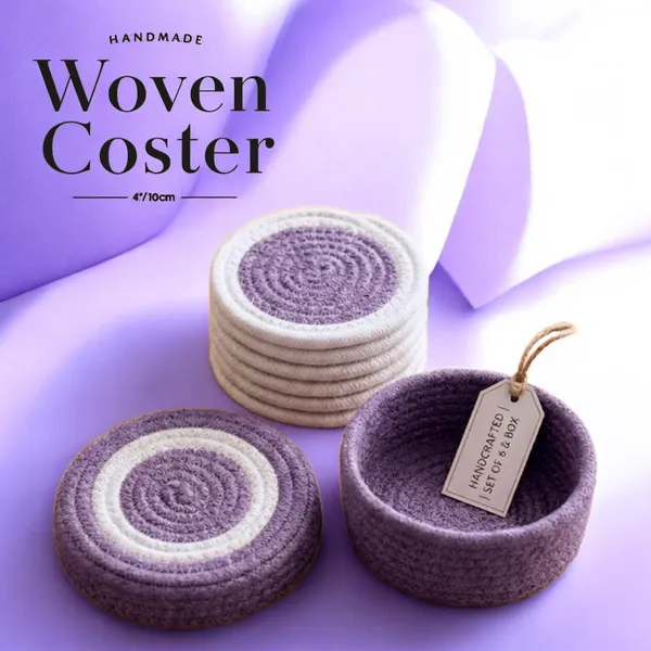 Handwoven_Cotton_Rope_Coasters_Set_of_6_with_Holder_|_Absorbent_Drink_Coasters_for_Coffee_Table,_Dining_|_Artisanal_Boho_Home_Decor_in_Lavender_&_White