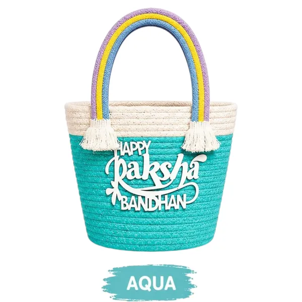 Happy_Raksha_Bandhan_Cotton_Rope_Gift_Basket_|_Handmade_Crochet_Rainbow_Handle_Hamper_Basket_|_Festive_Gift_Tote_for_Sister_&_Brother_|_Reusable_Boho_Storage_Basket_|_Aqua,_1_Pc