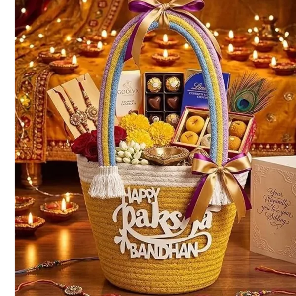 Happy_Raksha_Bandhan_Cotton_Rope_Gift_Basket_|_Handmade_Crochet_Rainbow_Handle_Hamper_Basket_|_Festive_Gift_Tote_for_Sister_&_Brother_|_Reusable_Boho_Storage_Basket_|_Yellow,_1_Pc