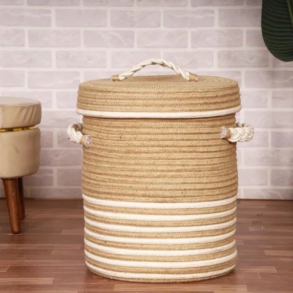Jute_Cotton_Striped_Laundry_Basket_with_Lid_-_Large_14"D_x_18"H_Laundry_Basket_for_Clothes,_Toys,_Magazines,_Blankets_and_Throws