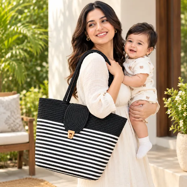 KT_RUGS_Big_Size_Handmade_Tote_Bag_for_New_Moms_-_Black_&_White_Striped_Cotton_Rope_Shoulder_Bag_with_Lock_Closure