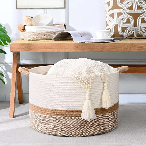 Large_Blanket_Basket,_20"x13"_Woven_Storage_Baskets_With_Handle,_Cotton_Rope_Blanket_Basket_Living_Room,_Baby_Laundry_hamper_for_Blanket,_Nursery,_Toy,_Pillow_(White_&_Pink)