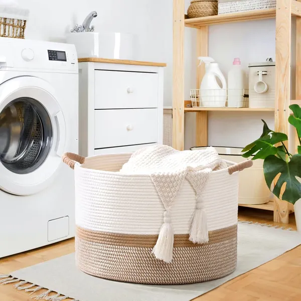 Large_Blanket_Basket,_20"x13"_Woven_Storage_Baskets_With_Handle,_Cotton_Rope_Blanket_Basket_Living_Room,_Baby_Laundry_hamper_for_Blanket,_Nursery,_Toy,_Pillow_(White_&_Pink)