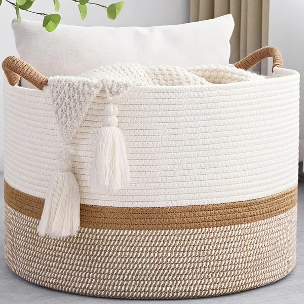 Large_Blanket_Basket,_20"x13"_Woven_Storage_Baskets_With_Handle,_Cotton_Rope_Blanket_Basket_Living_Room,_Baby_Laundry_hamper_for_Blanket,_Nursery,_Toy,_Pillow_(White_&_Pink)