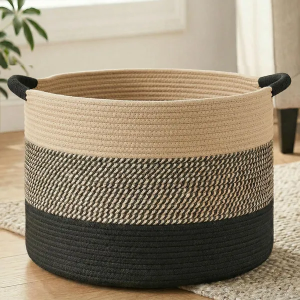 Large_Cotton_Rope_Basket,_Decorative_Woven_Blanket_Storage_for_Living_Room,_Boho_Toy_Storage_&_Toy_Box_for_Kids,_Versatile_Laundry_Basket_&_Nursery_Hamper_for_Blankets(BlackBrown)