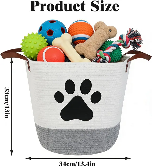 Large_Cotton_Rope_Dog_Toy_Basket_with_Paw_Print_–_13"_Woven_Pet_Storage_Bin_with_Handles_for_Dog_Toys,_Blankets,_Laundry,_Clothes_–_White_&_Grey